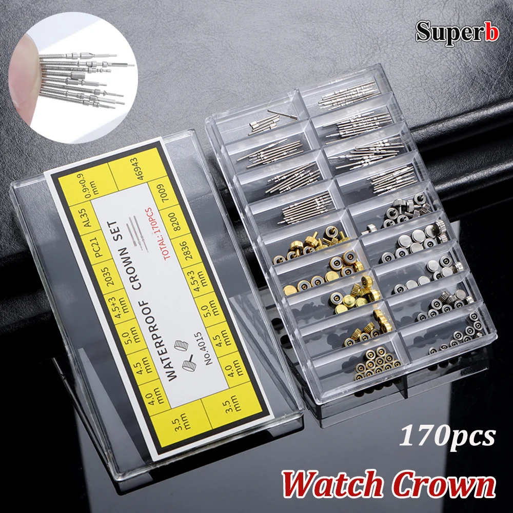 170Pcs/Box Repair Tool Kits with Box Watch Crown Parts Replacement Case Crown Stem Assorted Dome Flat Head Watch Accessories
170Pcs/Box Repair Tool Kits with Box Watch Crown Parts Replacement Case Crown Stem Assorted Dome Flat Head Watch Accessories