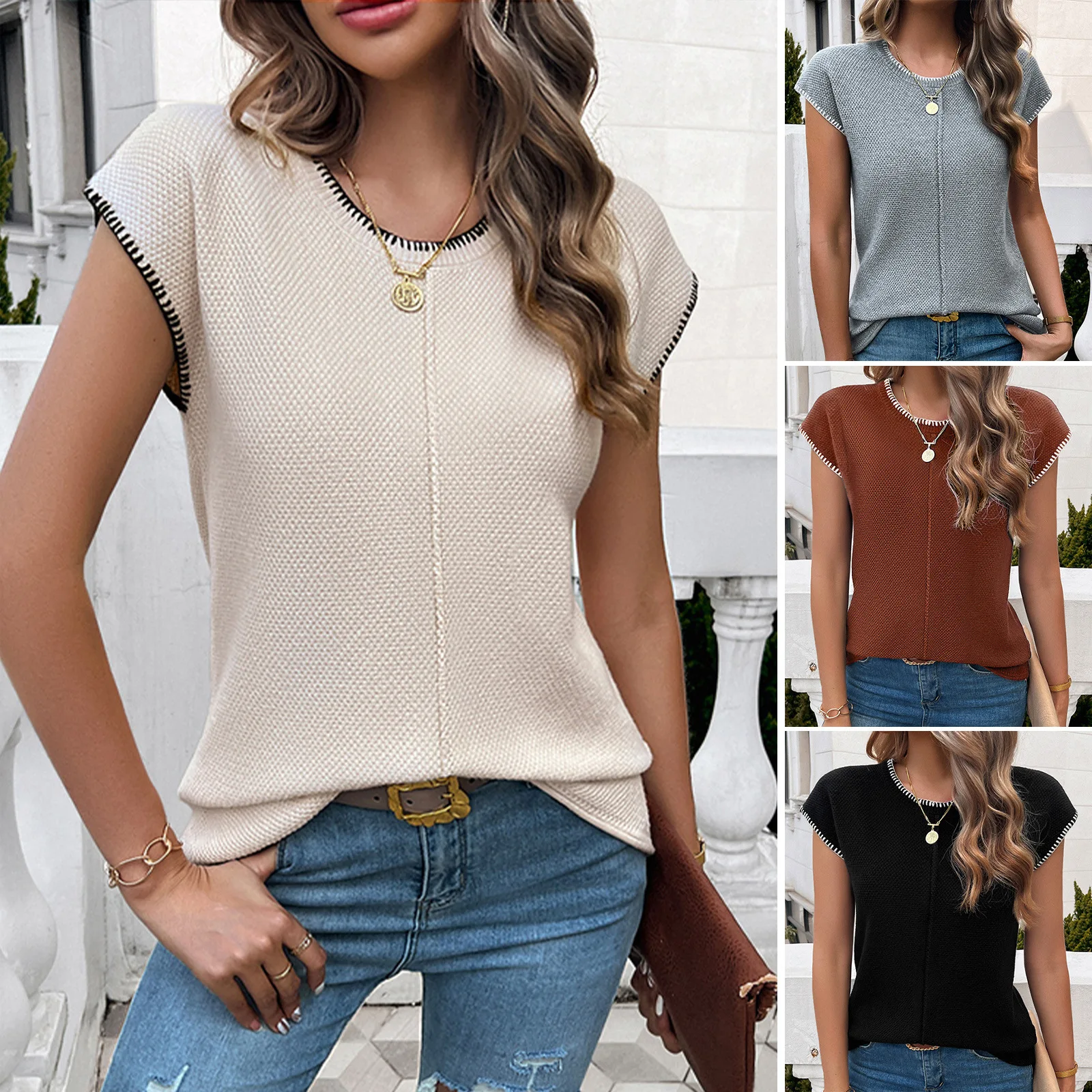 Cross-border Foreign Trade Amazon Independent Station Spring And Summer Tops Women's Temperament Casual Short-sleeved Sweaters
Cross-border Foreign Trade Amazon Independent Station Spring And Summer Tops Women's Temperament Casual Short-sleeved Sweaters