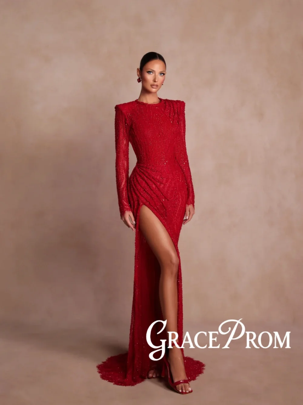 Formal Red Gorgeous Beaded Evening Dress Lace Long Sleeved Elegant Wedding Party Gown Customized High Slit Red Carpet Gowns
Formal Red Gorgeous Beaded Evening Dress Lace Long Sleeved Elegant Wedding Party Gown Customized High Slit Red Carpet Gowns