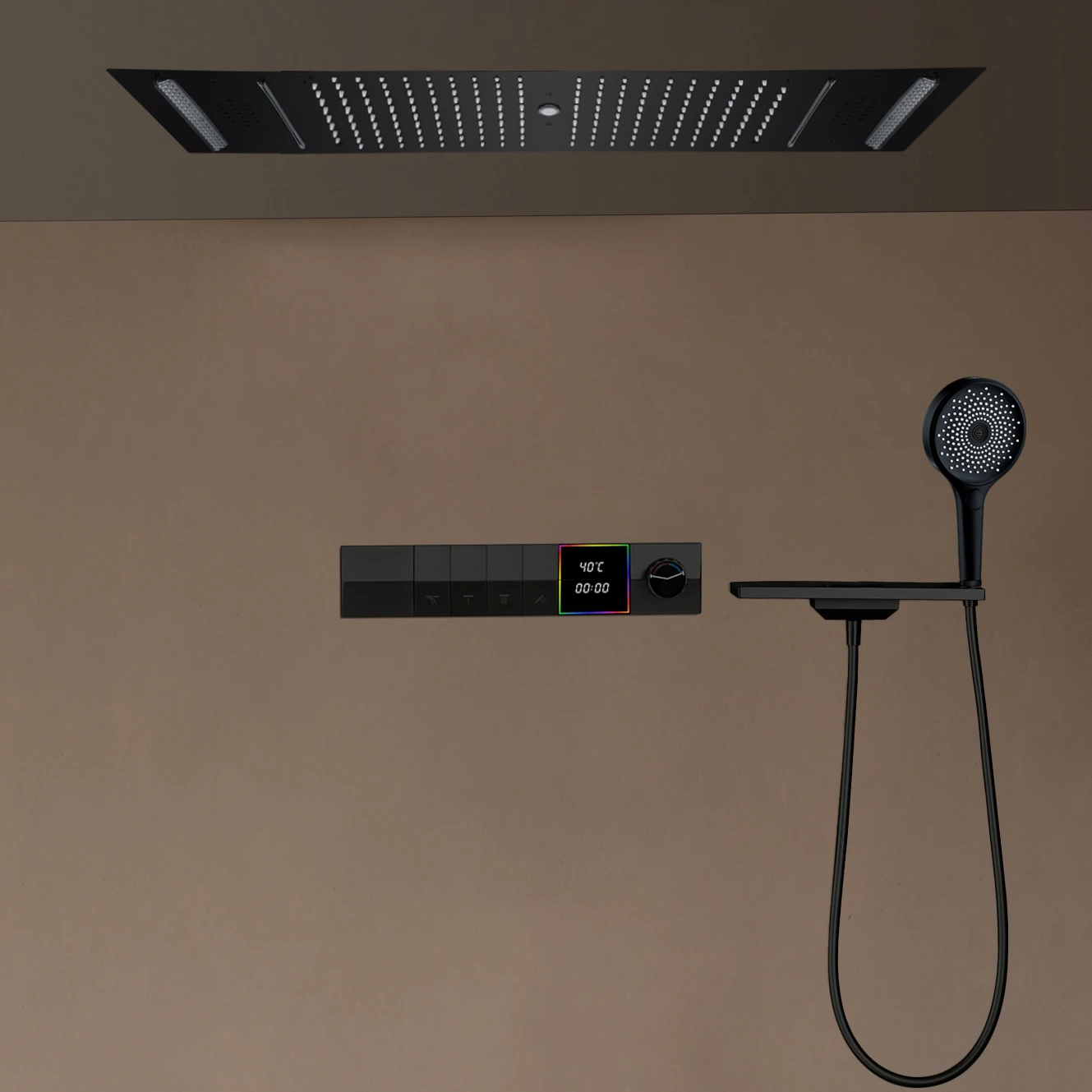 Qlonn Black LED Thermostatic Concealed Ceiling Rain Shower Head For Couples Piano Key Two Person Spa In-wall Bathroom Shower Set
Qlonn Black LED Thermostatic Concealed Ceiling Rain Shower Head For Couples Piano Key Two Person Spa In-wall Bathroom Shower Set