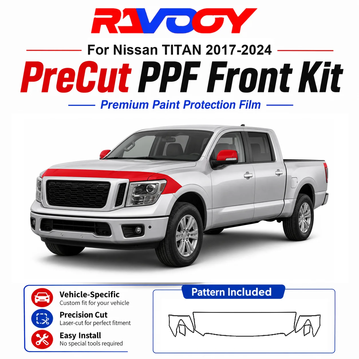 8.5mil TPU Precut PPF Kit For Nissan TITAN 2017-2024 - Hood, Fenders & Mirror Set - Self-Healing Clear Bra Film
8.5mil TPU Precut PPF Kit For Nissan TITAN 2017-2024 - Hood, Fenders & Mirror Set - Self-Healing Clear Bra Film