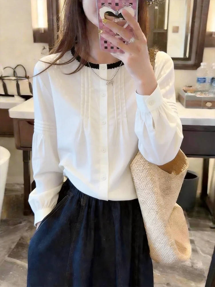 Korean Style Color Block round Neck Lantern Sleeve Shirt Women's Versatile Slimming Top Fashionable Autumn Shirt
Korean Style Color Block round Neck Lantern Sleeve Shirt Women's Versatile Slimming Top Fashionable Autumn Shirt