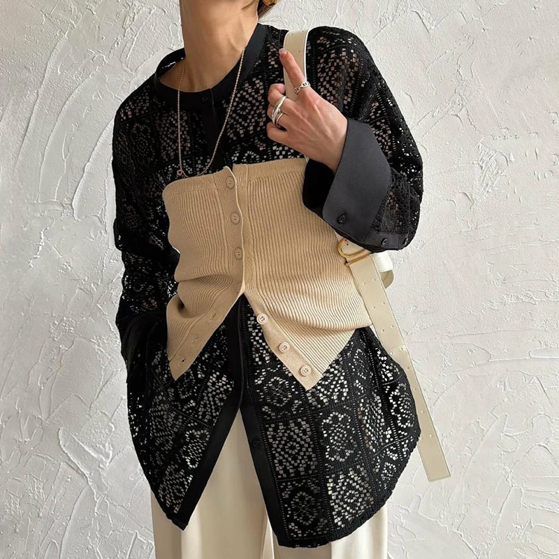 Elegant O-neck Single-breasted Solid Color Blouse Sexy Lace Crochet Hollow Out Shirts Women's Casual Long Sleeve Cardigan Tops
Elegant O-neck Single-breasted Solid Color Blouse Sexy Lace Crochet Hollow Out Shirts Women's Casual Long Sleeve Cardigan Tops