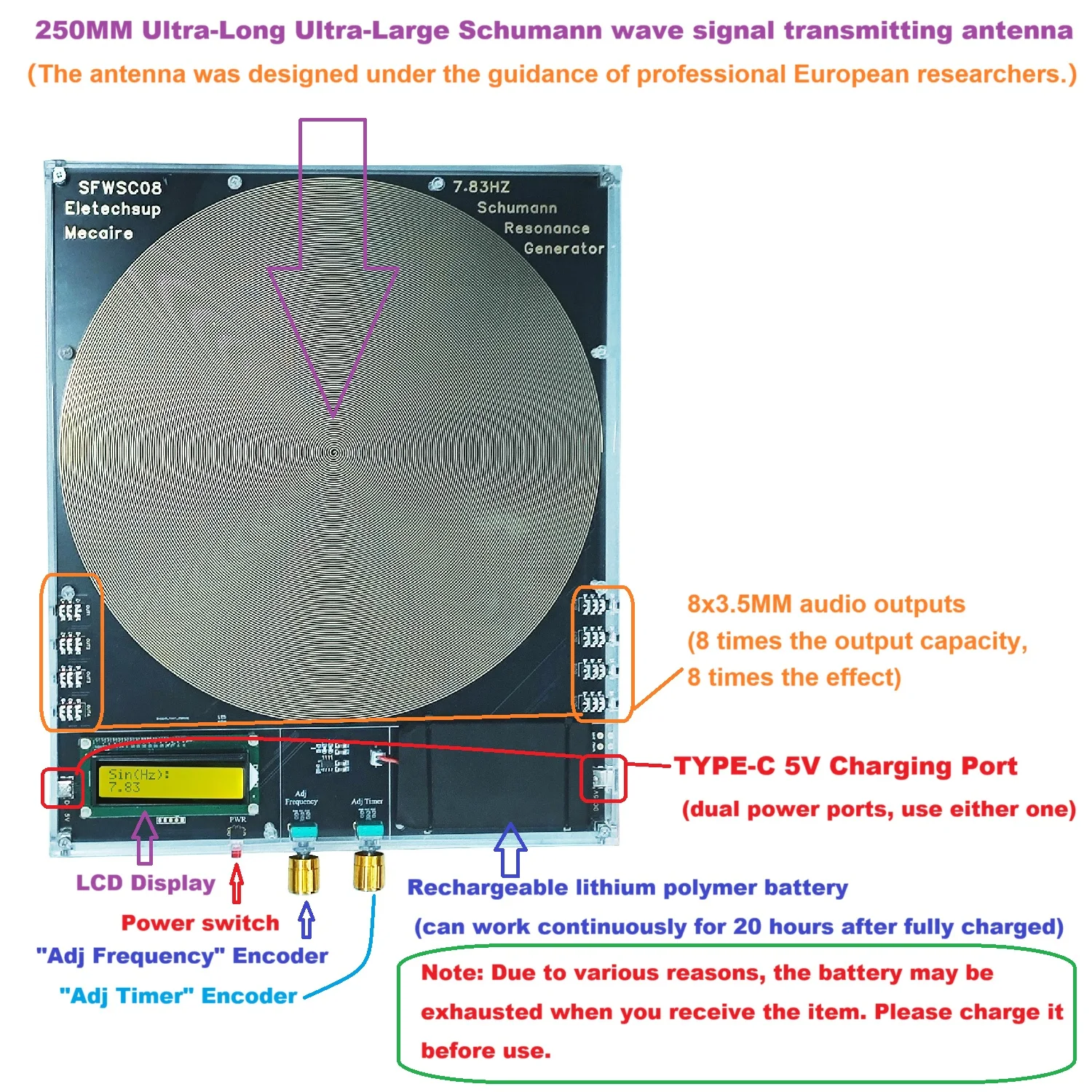 8CH 250MM Large Schumann Generator, 25 Freq Auto Cycle, 10K S Timer, 8 Outputs w/AMP, Pure Sine Wave, Portable for Sleep
8CH 250MM Large Schumann Generator, 25 Freq Auto Cycle, 10K S Timer, 8 Outputs w/AMP, Pure Sine Wave, Portable for Sleep