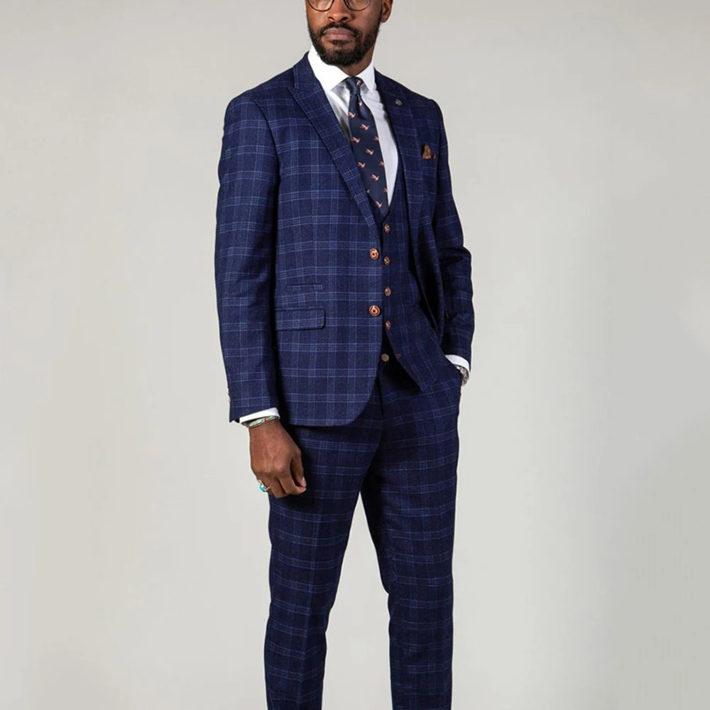 Navy Blue Plaid Men's Suits 3 Pieces Jacket Pants Vest Single Breasted Male Clothing Formal Business Banquet Costume Homme
Navy Blue Plaid Men's Suits 3 Pieces Jacket Pants Vest Single Breasted Male Clothing Formal Business Banquet Costume Homme