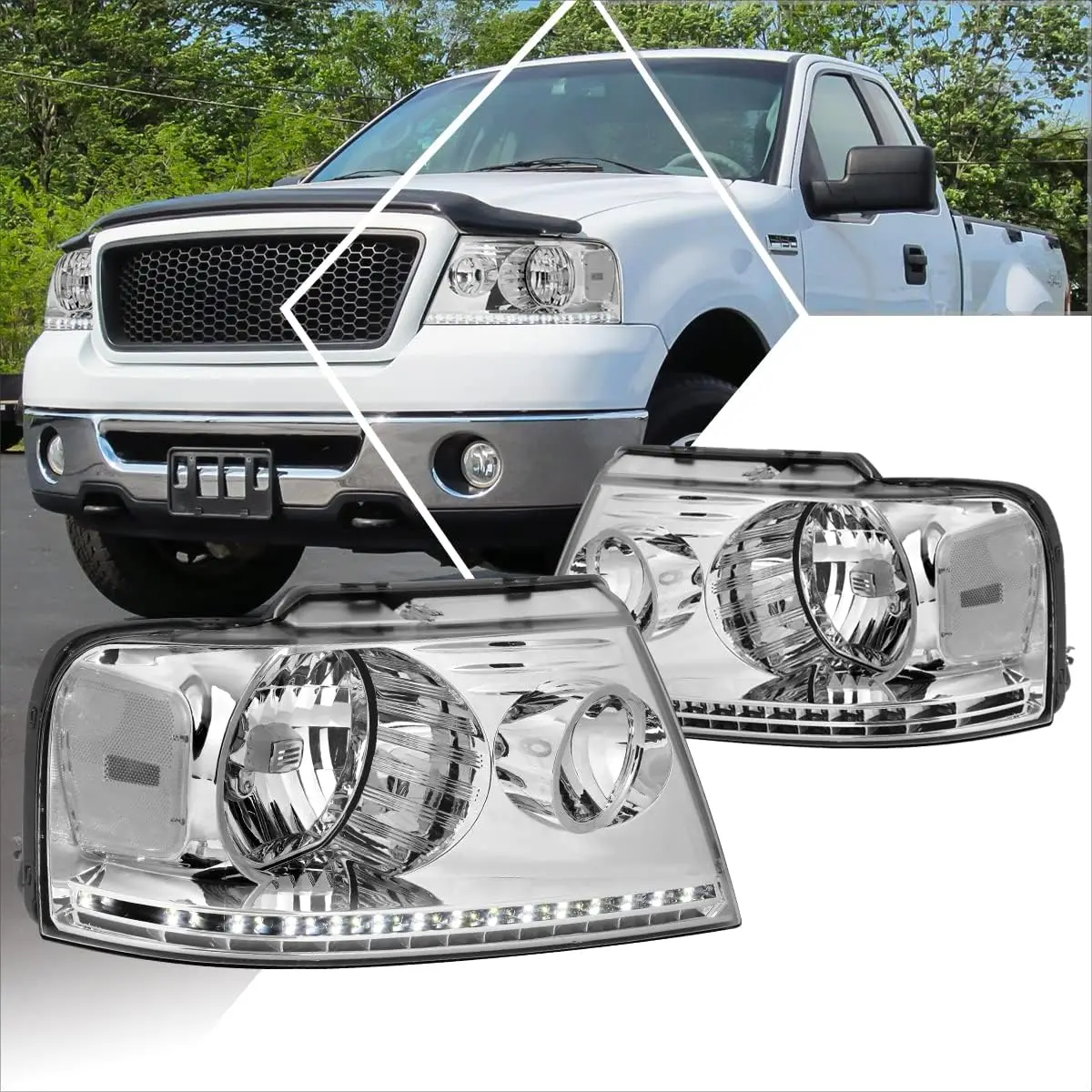 Фары в сборе, совместимые с Ford F150/2008 гг. Lincoln Mark LT 2004-2008 гг., пара фар со светодиодной лентой DRL, хром
Фары в сборе, совместимые с Ford F150/2008 гг. Lincoln Mark LT 2004-2008 гг., пара фар со светодиодной лентой DRL, хром