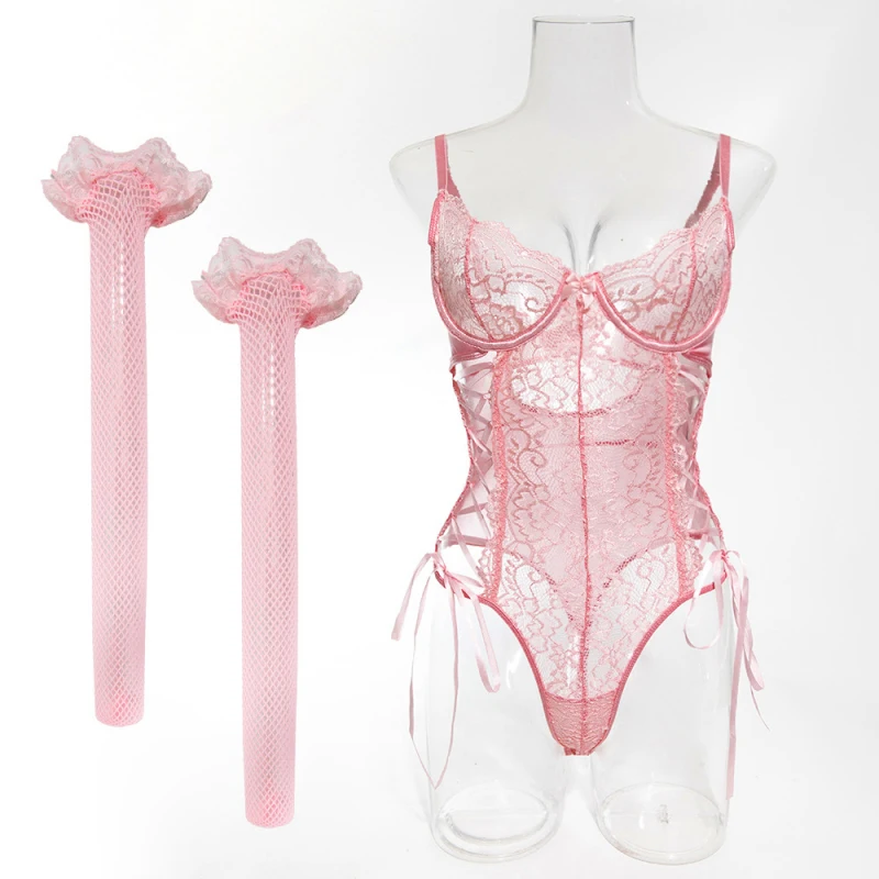 Bikini one-piece suit with lace trim, tie straps, underwire, push-up straps, and shapewear stockings set
Bikini one-piece suit with lace trim, tie straps, underwire, push-up straps, and shapewear stockings set