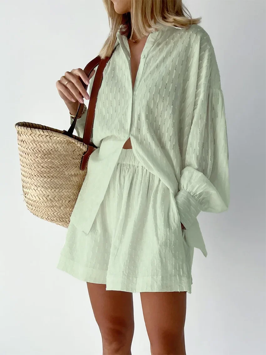 Spring Summer Jacquard Shorts Set Women Outfit Elegant Long Sleeve Shirts & Elastic Waist Short 2 Piece Sets Casual Work Suit
Spring Summer Jacquard Shorts Set Women Outfit Elegant Long Sleeve Shirts & Elastic Waist Short 2 Piece Sets Casual Work Suit