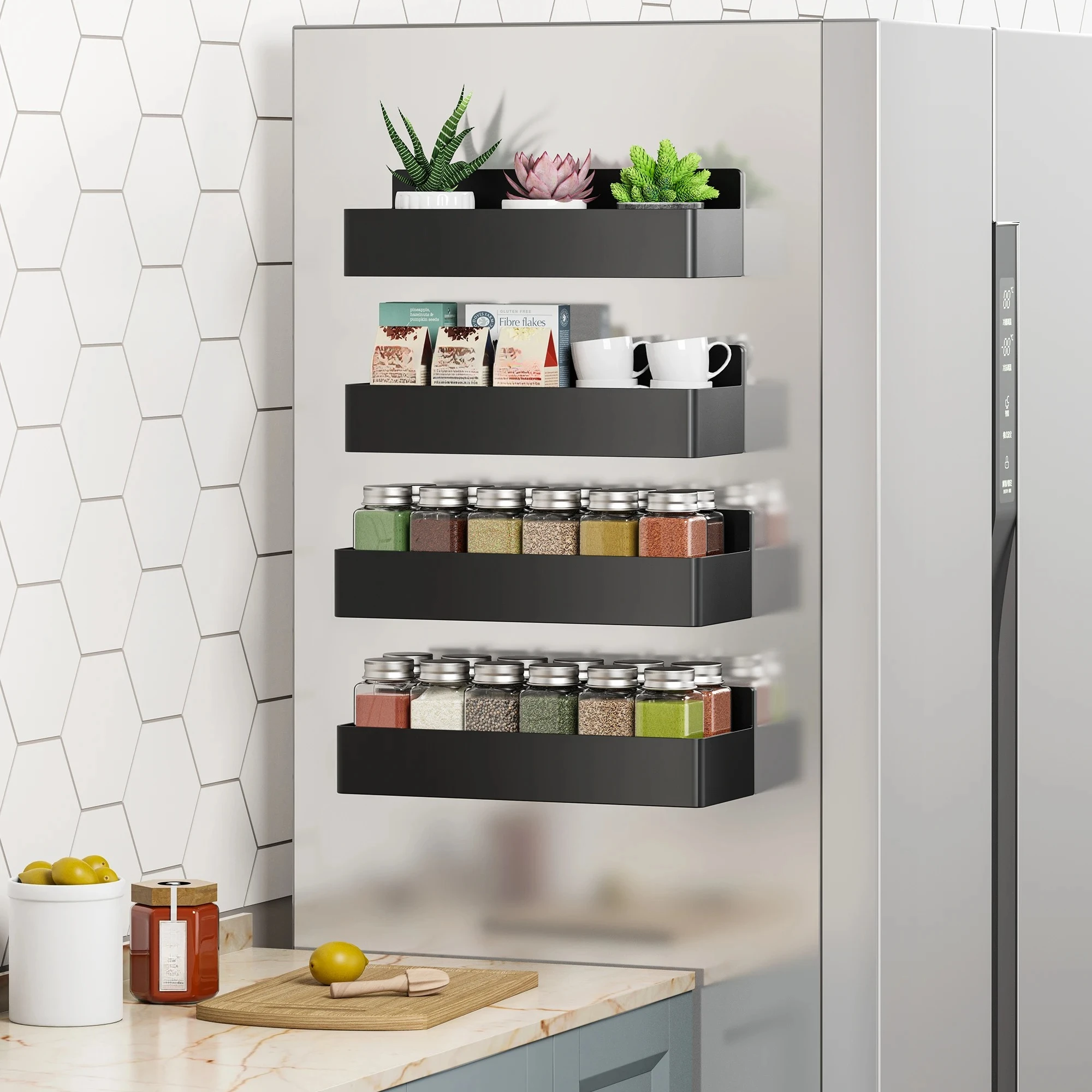 Customizable Magnetic 4 Pack Fridge Shelf Spice Storage Rack No Drilling Saving
Customizable Magnetic 4 Pack Fridge Shelf Spice Storage Rack No Drilling Saving