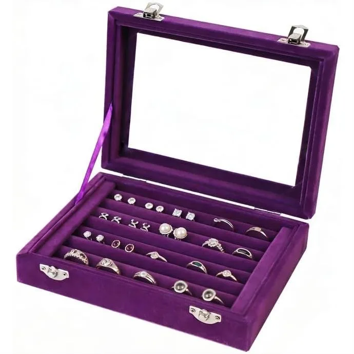 Purple Velvet Jewelry Organizer Tray 7 Slots with Transparent Lid for Rings Earrings and Travel
Purple Velvet Jewelry Organizer Tray 7 Slots with Transparent Lid for Rings Earrings and Travel