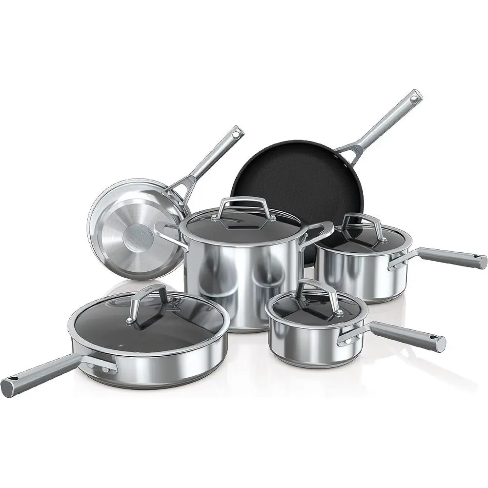 10-Piece Nonstick Cookware Set with Glass Lids, Polished Exterior, Oven Safe to 500°F, Silver
10-Piece Nonstick Cookware Set with Glass Lids, Polished Exterior, Oven Safe to 500°F, Silver