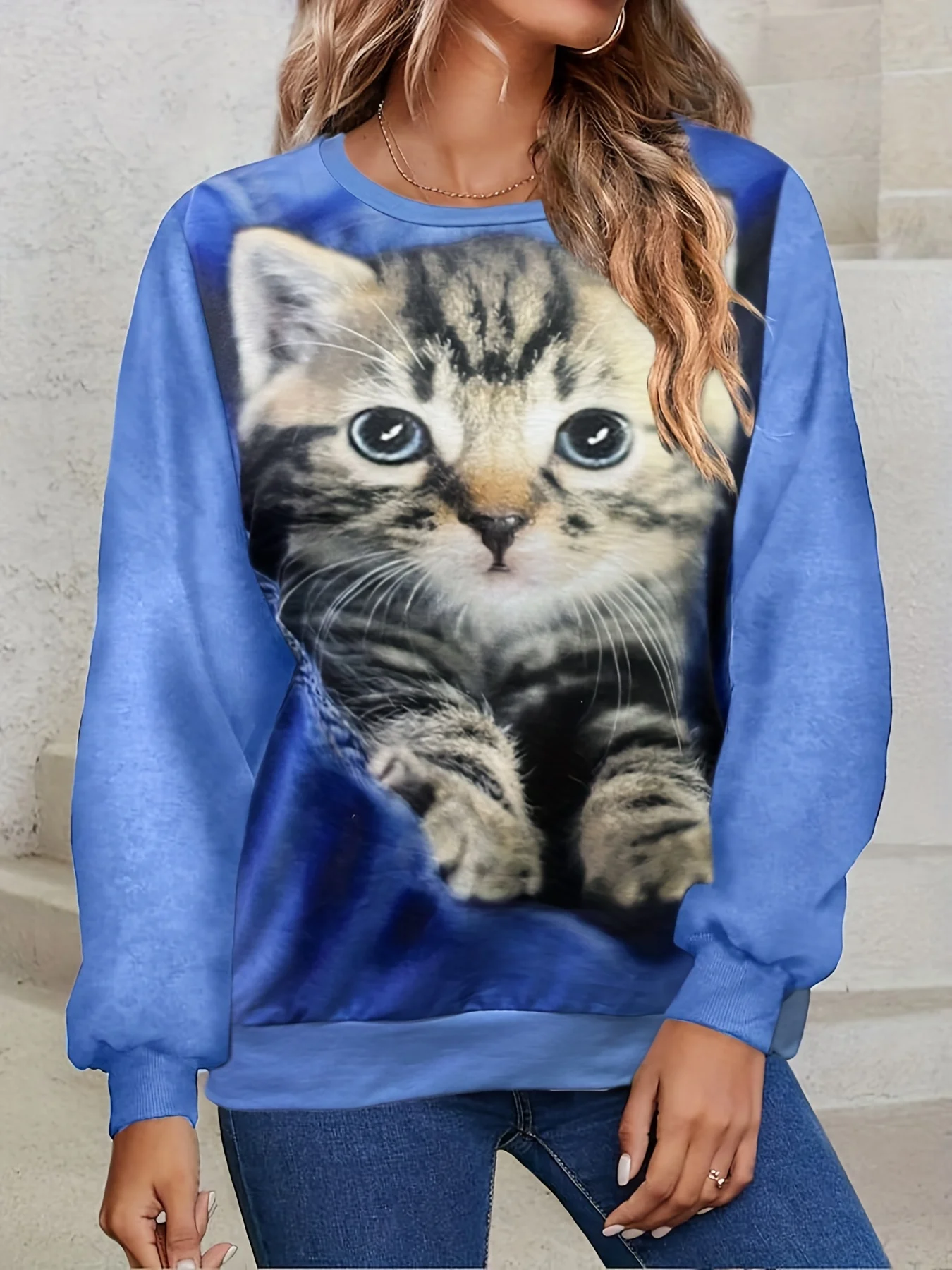Large size cute sweater, women's plus 3D cat print long-sleeved crew neck micro-elastic pullover top
Large size cute sweater, women's plus 3D cat print long-sleeved crew neck micro-elastic pullover top