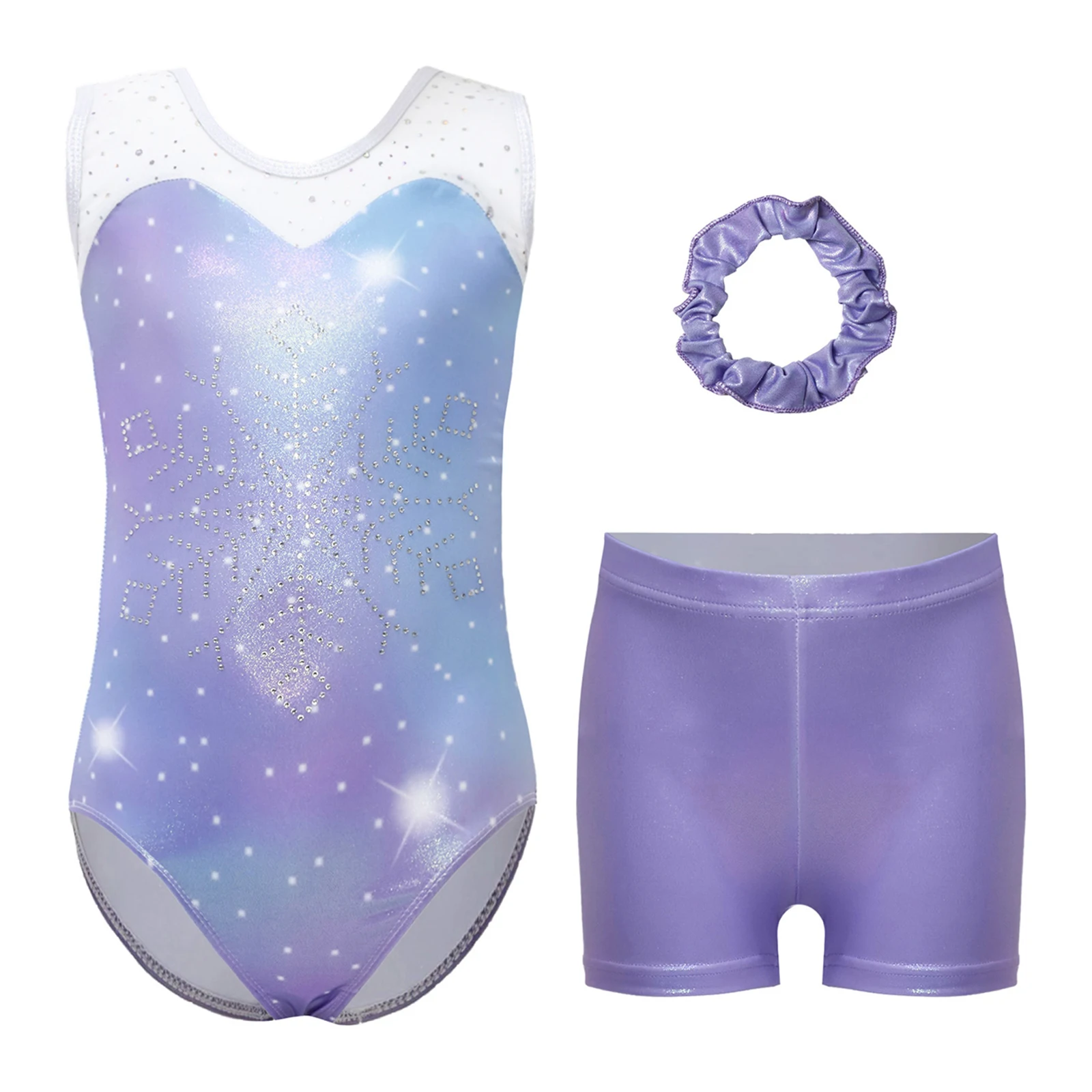 Girls Gymnastics Dance Set Sleeveless Rhinestone Metallic Print Leotard with Shorts and Hairband for Lyrical Dance Performance
Girls Gymnastics Dance Set Sleeveless Rhinestone Metallic Print Leotard with Shorts and Hairband for Lyrical Dance Performance
