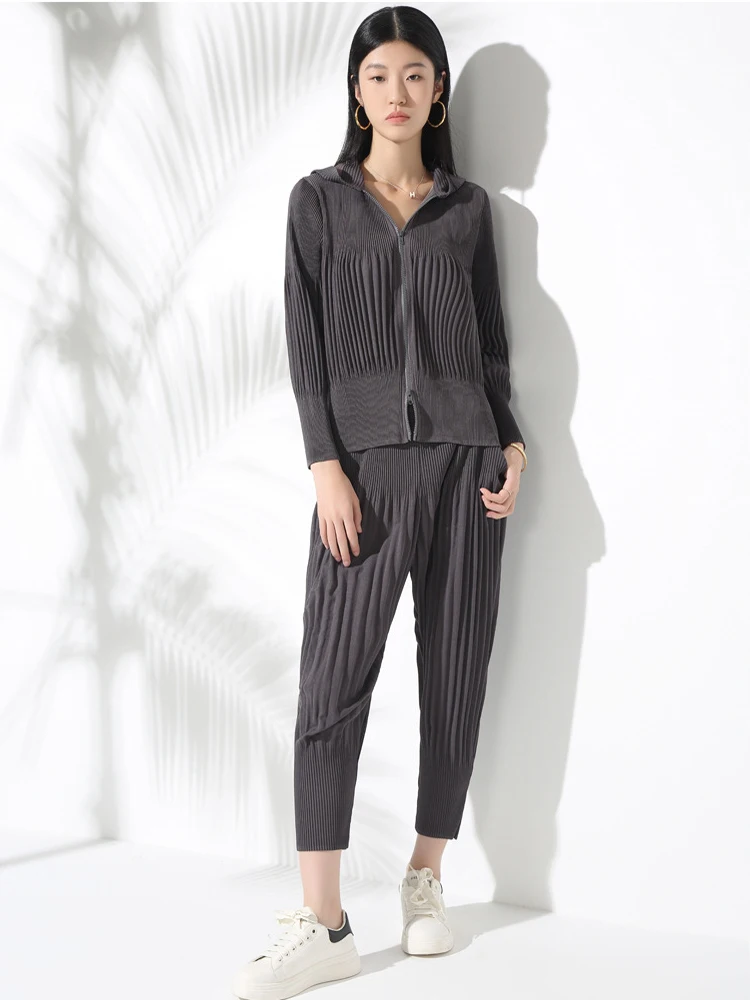 Модные плиссированные шаровары, весенний женский топ с длинными рукавами и капюшоном на молнии + брюки-шаровары с карманами и высокой талией, осенний комплект из двух предметов 
Модные плиссированные шаровары, весенний женский топ с длинными рукавами и капюшоном на молнии + брюки-шаровары с карманами и высокой талией, осенний комплект из двух предметов