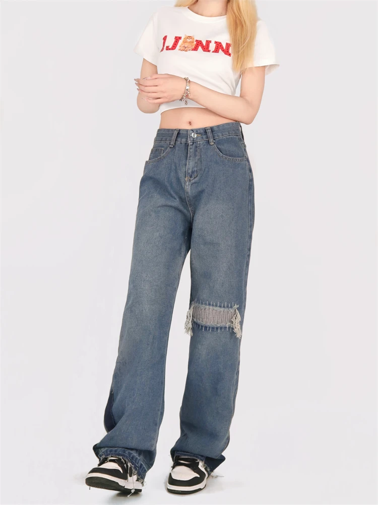 Women's Broken Hole Patch Design Straight Blue Jeans Young Girl Casual Bottoms Female High Waist Wide-leg Trousers
Women's Broken Hole Patch Design Straight Blue Jeans Young Girl Casual Bottoms Female High Waist Wide-leg Trousers