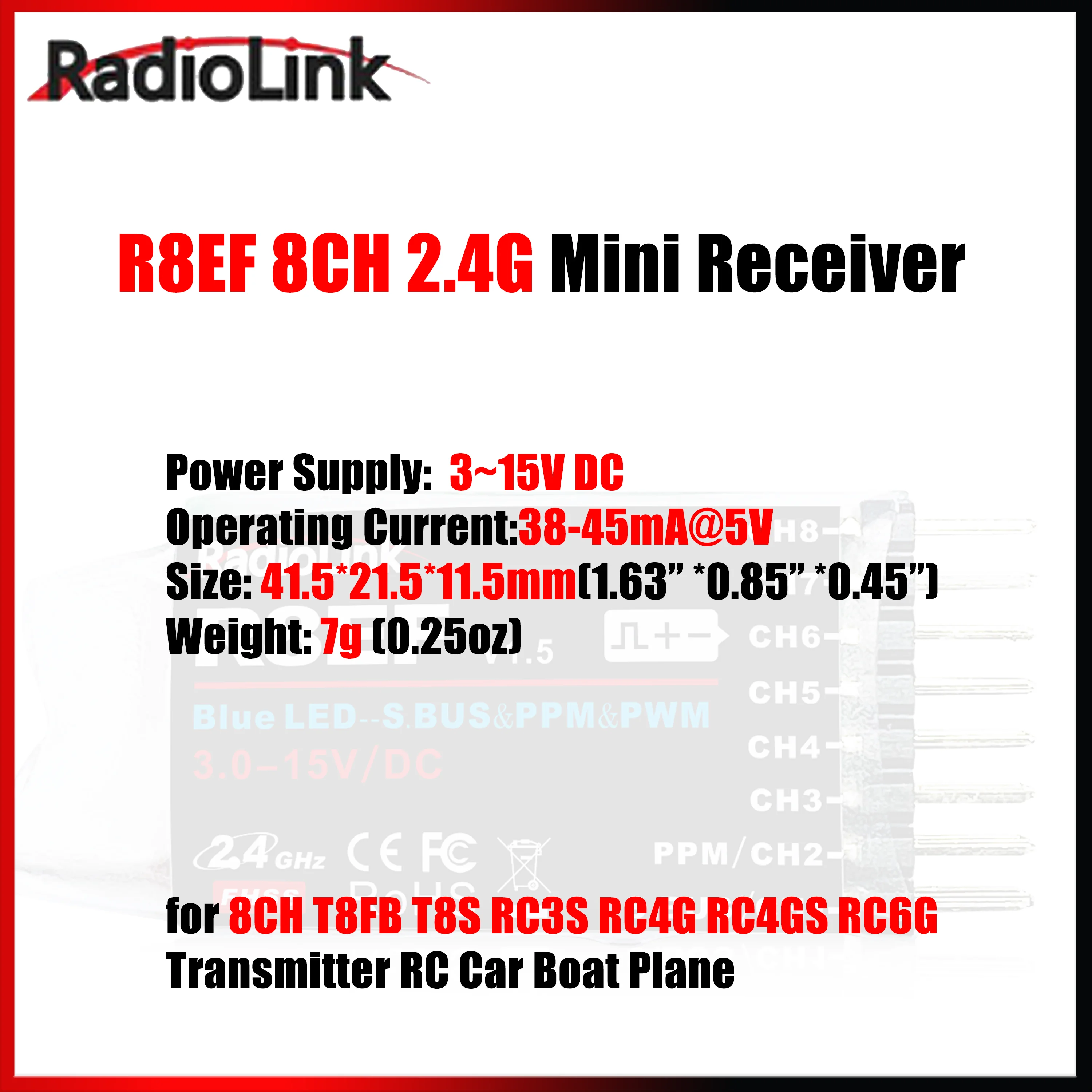 Radiolink R8EF 8CH 2.4G Mini Receiver Support SBUS PPM PWM 3-15V for T8FB T8S RC3S RC4G RC4GS RC6G Transmitter RC Car Boat Plane
Radiolink R8EF 8CH 2.4G Mini Receiver Support SBUS PPM PWM 3-15V for T8FB T8S RC3S RC4G RC4GS RC6G Transmitter RC Car Boat Plane