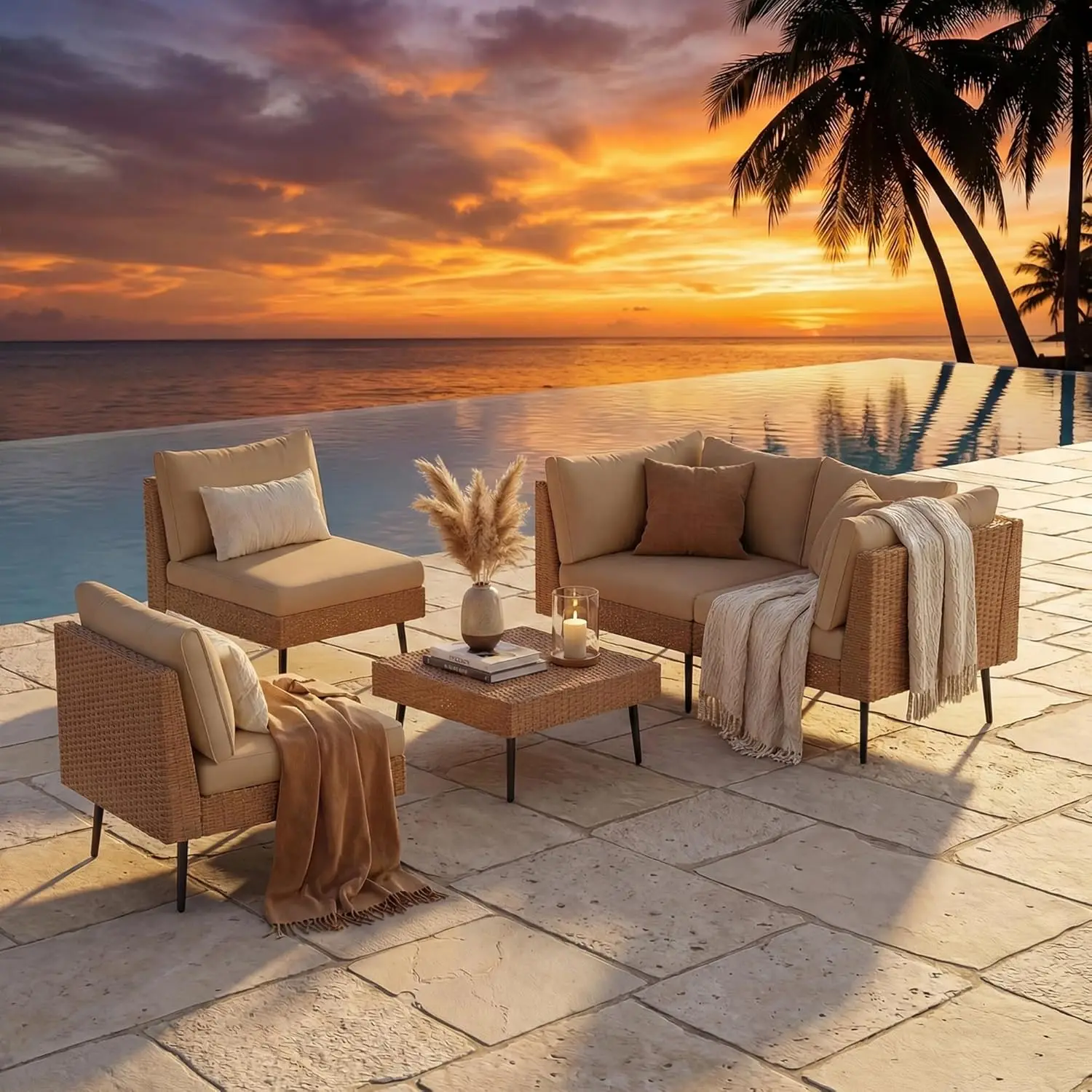 #5pc Modular Patio Sectional Sofa All-Weather Polyester Ergonomic Backyard Garden Poolside 2in1 Coffee Table Khaki Customized
#5pc Modular Patio Sectional Sofa All-Weather Polyester Ergonomic Backyard Garden Poolside 2in1 Coffee Table Khaki Customized