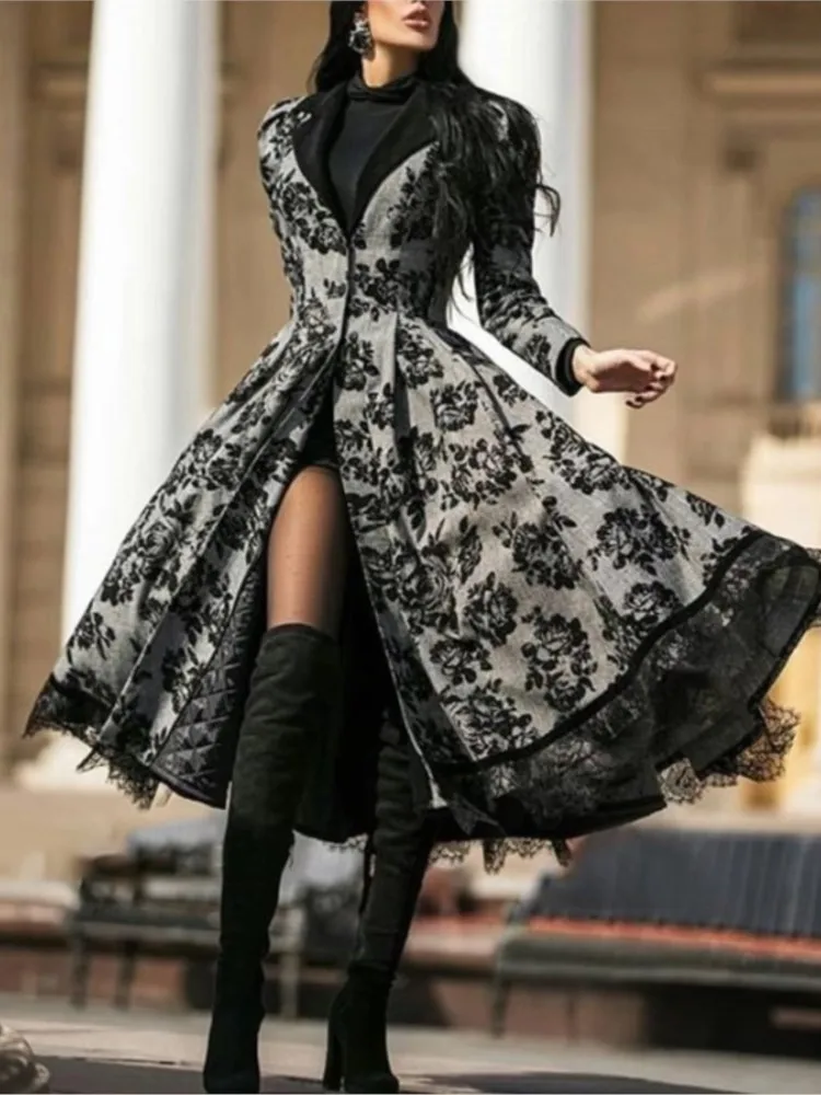 Women New Vintage Print Splicing Lace Trench Coats Autumn Long Sleeve Button Coat Female Casual Big Swing Fashion Party Jackets
Women New Vintage Print Splicing Lace Trench Coats Autumn Long Sleeve Button Coat Female Casual Big Swing Fashion Party Jackets