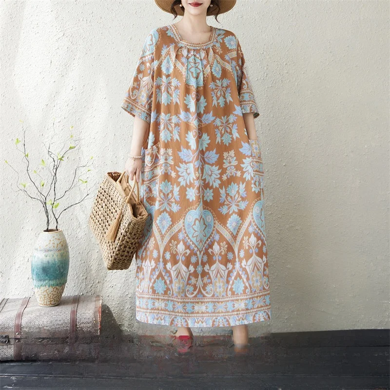 Bohemian Style Long Printed Bamboo Cotton Straight Cut Dress Summer New Arrival Loose Fit Square Collar Large Size Women's Dress
Bohemian Style Long Printed Bamboo Cotton Straight Cut Dress Summer New Arrival Loose Fit Square Collar Large Size Women's Dress