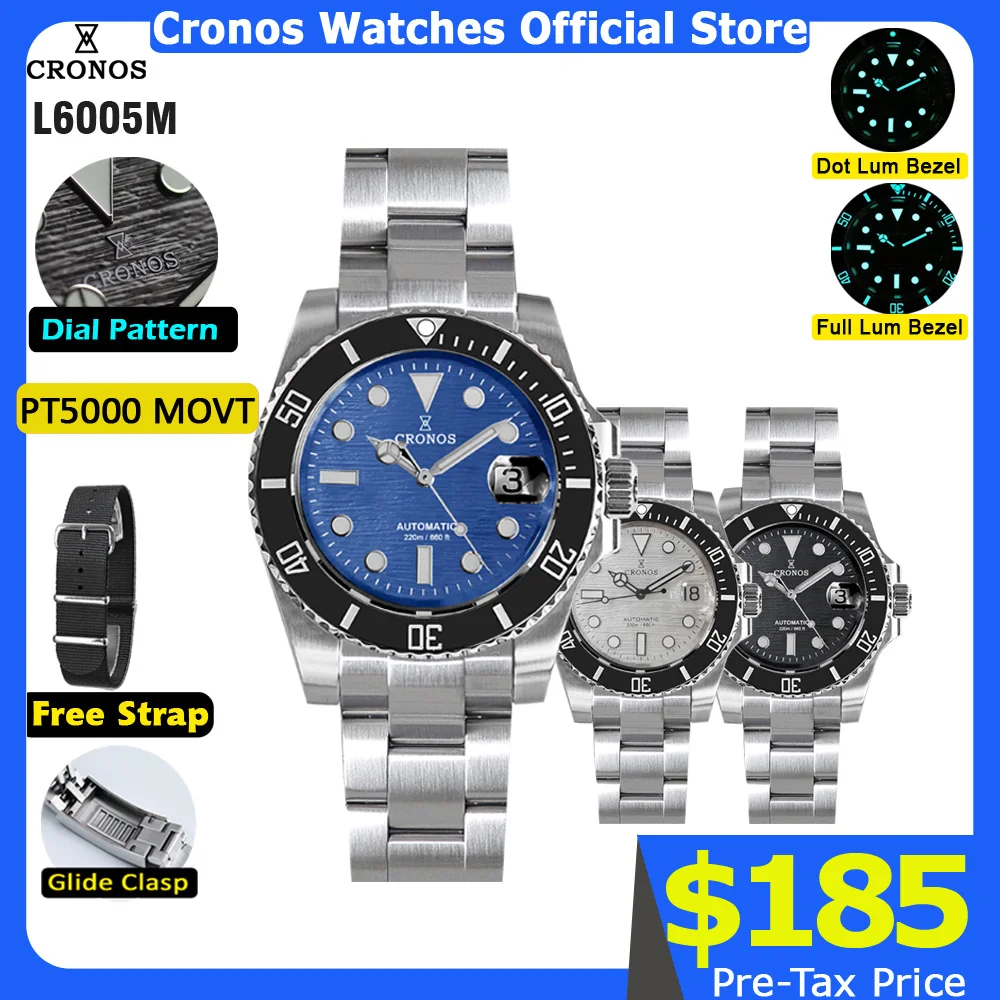 Cronos Sub Diver Men Watch Pattern Dial Stainless Steel PT5000 Brushed Bracelet Ceramic Bezel 200 meters Water Resistant L6005M
Cronos Sub Diver Men Watch Pattern Dial Stainless Steel PT5000 Brushed Bracelet Ceramic Bezel 200 meters Water Resistant L6005M