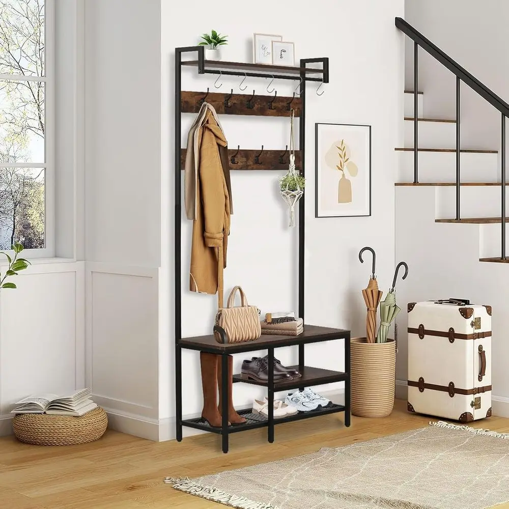 Industrial Style Hall Tree with Bench, Shoe Storage, and 14 Coat Hooks for Entryway or Bedroom
Industrial Style Hall Tree with Bench, Shoe Storage, and 14 Coat Hooks for Entryway or Bedroom