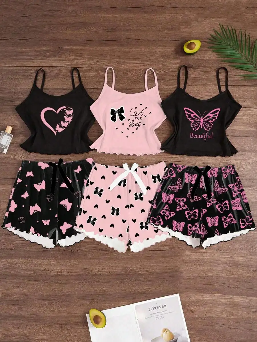 3-Piece Women's Sleepwear Set: Camisole & Shorts with Butterfly & Heart Prints, Soft Fabric for Summer
3-Piece Women's Sleepwear Set: Camisole & Shorts with Butterfly & Heart Prints, Soft Fabric for Summer