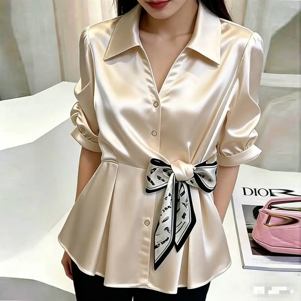 Retro high-end silk scarf shirt bow tie satin fashion versatile foreign style age-reducing shirt top
Retro high-end silk scarf shirt bow tie satin fashion versatile foreign style age-reducing shirt top