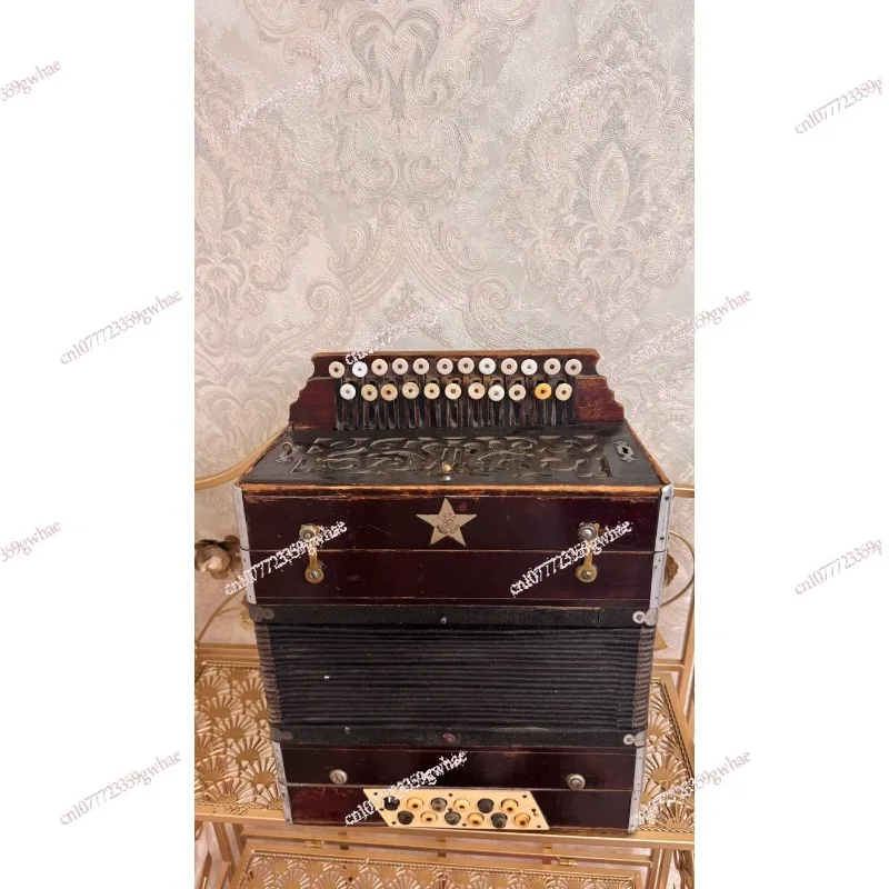 Soviet-made accordion with a black casing and a golden five-pointed star logo
Soviet-made accordion with a black casing and a golden five-pointed star logo