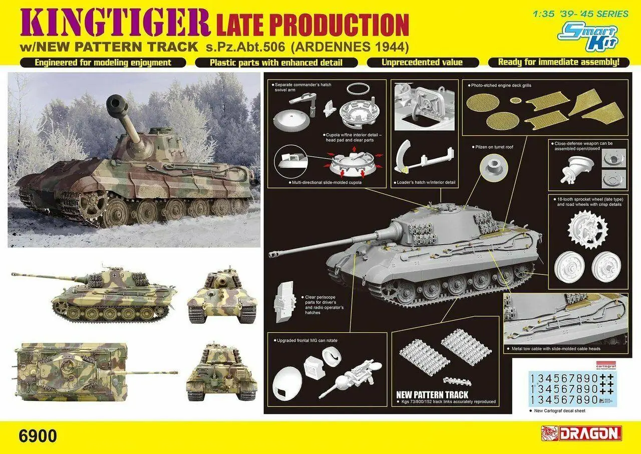 DRAGON 6900 масштаб 1/35 Kingtiger позднее производство с новым узором трек s.Pz.Abt.506 Сборная модель комплект
DRAGON 6900 масштаб 1/35 Kingtiger позднее производство с новым узором трек s.Pz.Abt.506 Сборная модель комплект