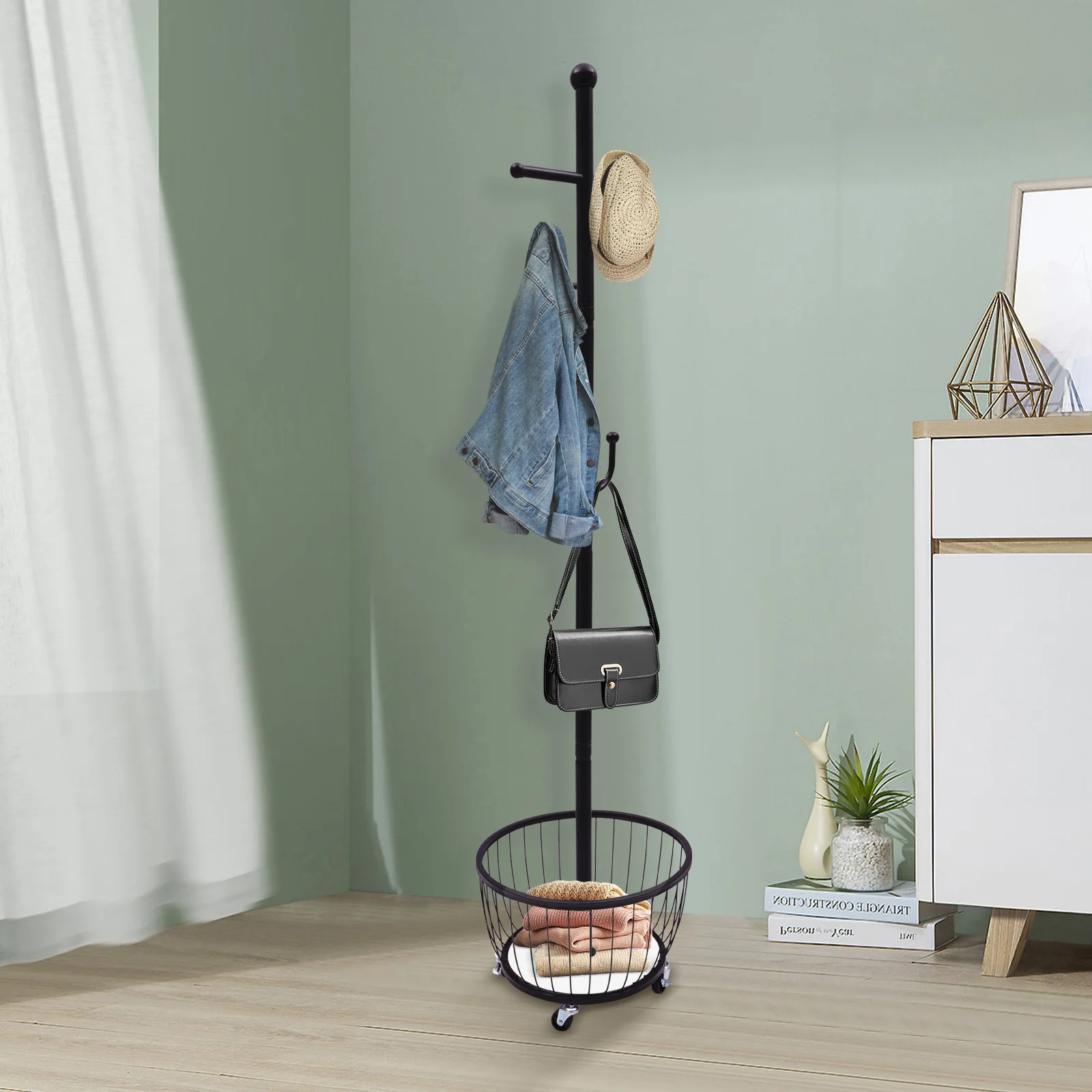 Coat Rack Freestanding with Wheels, 168cm Black Rolling Clothes Stand & Storage Basket and 6 Hooks Mobile Clothing Hanging Rack
Coat Rack Freestanding with Wheels, 168cm Black Rolling Clothes Stand & Storage Basket and 6 Hooks Mobile Clothing Hanging Rack