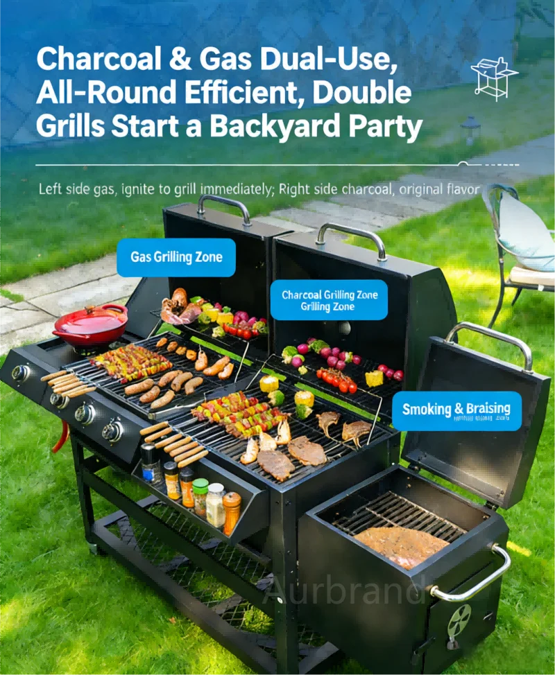 Four Burner Gas Charcoal Cast Iron Camp Outdoor Grill, Barbecue Grill With Side Smoker Coated Finish for Family Gatherings
Four Burner Gas Charcoal Cast Iron Camp Outdoor Grill, Barbecue Grill With Side Smoker Coated Finish for Family Gatherings
