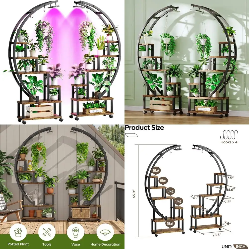 6-Tier Indoor Metal Plant Stand with Wheels and Grow Lights for Multiple Plants, Half-Moon Shape
6-Tier Indoor Metal Plant Stand with Wheels and Grow Lights for Multiple Plants, Half-Moon Shape