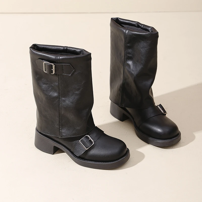 Black Pleated Buckle Knight Boots for Women Autumn Brown PU Leather Mid Calf Boots Woman Slip-On Thick Heel Riding Botas Mujer
Black Pleated Buckle Knight Boots for Women Autumn Brown PU Leather Mid Calf Boots Woman Slip-On Thick Heel Riding Botas Mujer