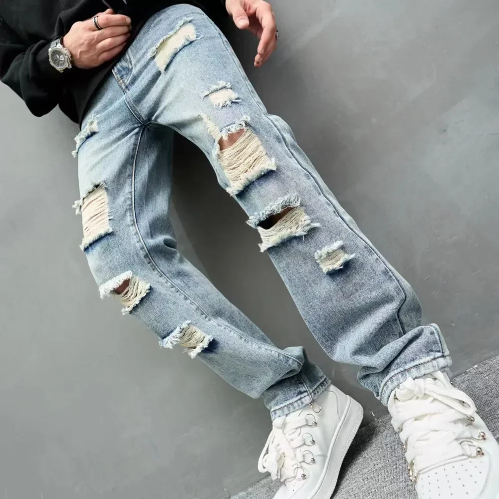 New Men's Wear Ripped Straight Fit Jeans Streetwear Fashionable Blue Casual Social Hip Hop Party High Quality Denim Pants 
New Men's Wear Ripped Straight Fit Jeans Streetwear Fashionable Blue Casual Social Hip Hop Party High Quality Denim Pants