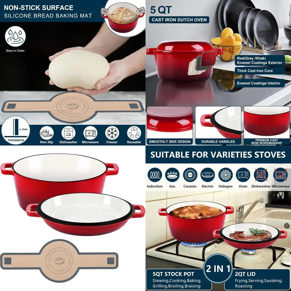 2-in-1 Red Enamel Cast Iron Dutch Oven with Skillet Lid and Silicone Bread Sling for Baking, Cooking, and Frying
2-in-1 Red Enamel Cast Iron Dutch Oven with Skillet Lid and Silicone Bread Sling for Baking, Cooking, and Frying