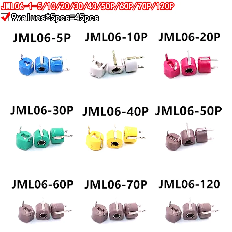 45pcs Variable Trimmer capacitor Assorted Kit JML06 5pf 10pf 20pf 30pf 40pf 50pf 60pf 70pf 120pf Adjustable capacitors set pack
45pcs Variable Trimmer capacitor Assorted Kit JML06 5pf 10pf 20pf 30pf 40pf 50pf 60pf 70pf 120pf Adjustable capacitors set pack