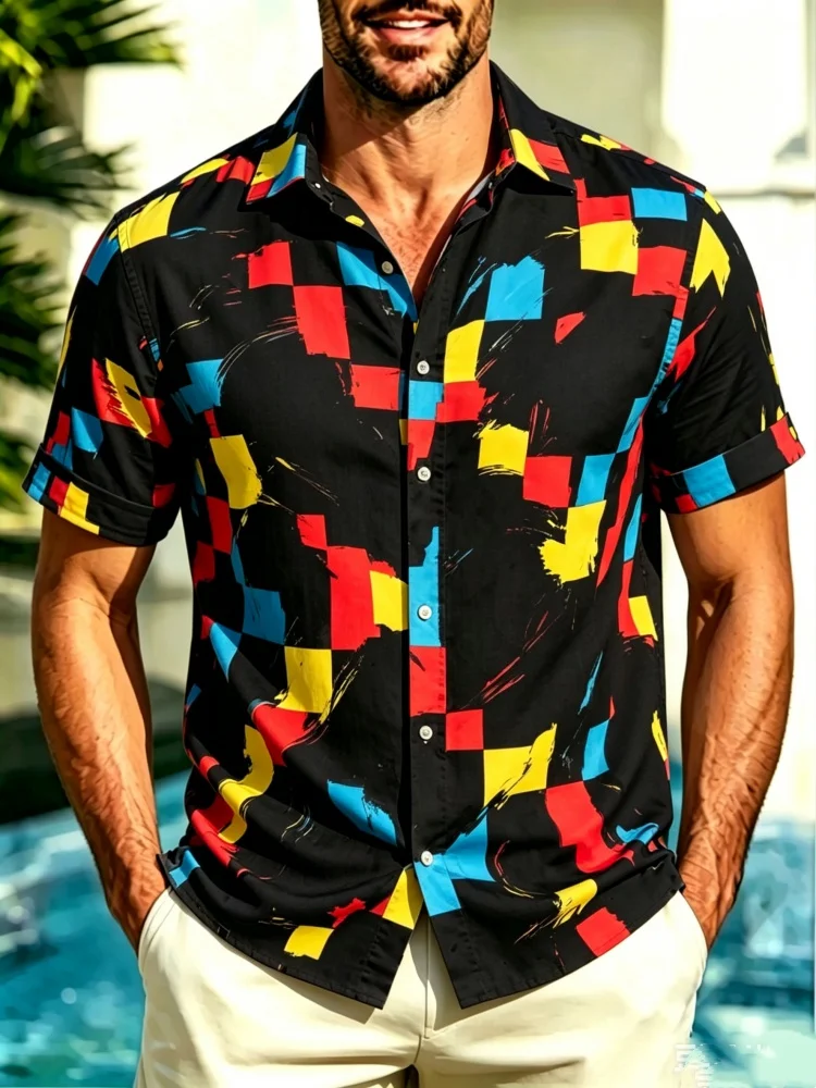 Men's Colorful Geometric Block Print Short Sleeve Shirt, Loose Comfort Casual Button-Down, Breathable Summer Blouse
Men's Colorful Geometric Block Print Short Sleeve Shirt, Loose Comfort Casual Button-Down, Breathable Summer Blouse