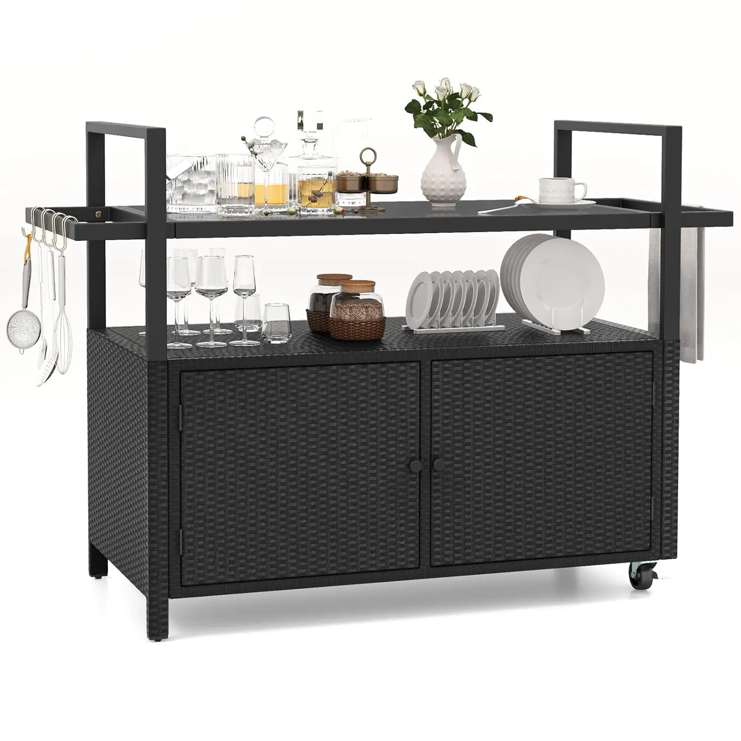 Black Outdoor Rolling Bar Cart Table Wicker Buffet Storage Cabinet 8 Hooks Glass Top Porch Poolside Customized
Black Outdoor Rolling Bar Cart Table Wicker Buffet Storage Cabinet 8 Hooks Glass Top Porch Poolside Customized