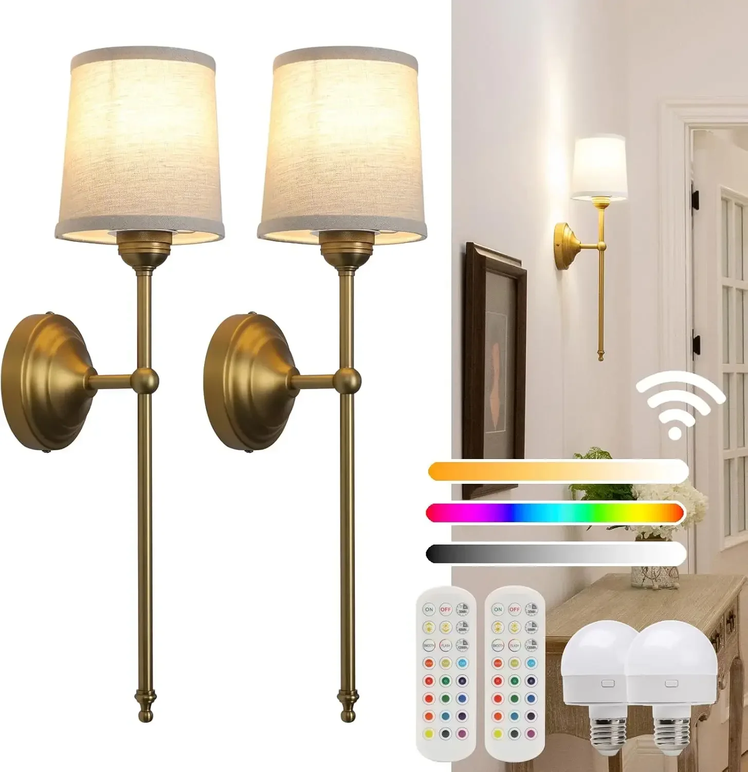 Battery Operated Sconces Wall Lighting Fixture Set of 2 with Linen Fabric Shade, RGB Color Changing USB Rechargeable Wall Mounte
Battery Operated Sconces Wall Lighting Fixture Set of 2 with Linen Fabric Shade, RGB Color Changing USB Rechargeable Wall Mounte