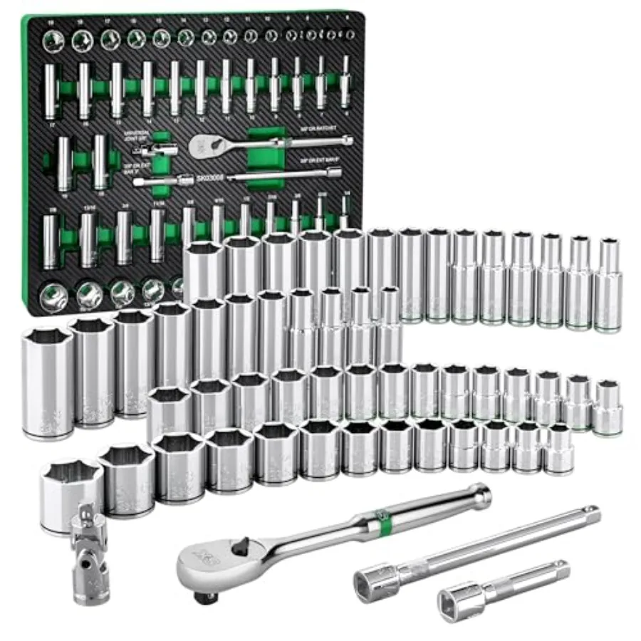 3/8" Drive Socket Set with 90-Tooth Ratchet, 56-Piece,,erKrome Finish, Premium CR-V Construction, with EVA Foam Tool Organizer
3/8" Drive Socket Set with 90-Tooth Ratchet, 56-Piece,,erKrome Finish, Premium CR-V Construction, with EVA Foam Tool Organizer