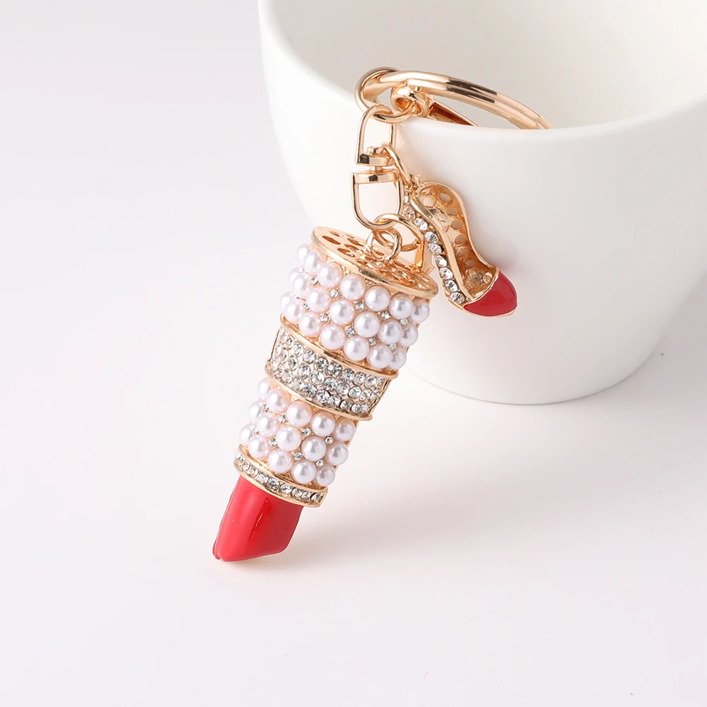 Elegant Ladies Lipstick Keychain High Heels Pendant Car Keyring Pearl Rhinestone Inlaid Metal Accessories
Elegant Ladies Lipstick Keychain High Heels Pendant Car Keyring Pearl Rhinestone Inlaid Metal Accessories