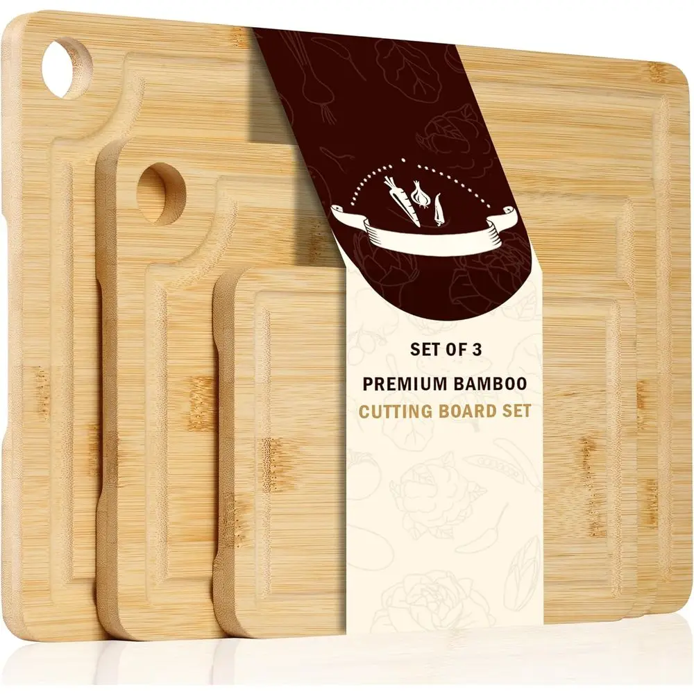 Bamboo Cutting Boards with Juice Groove, Built-in Handles & Hanging Holes, Ideal for Chopping Meat, Vegetables and Fruit Serving
Bamboo Cutting Boards with Juice Groove, Built-in Handles & Hanging Holes, Ideal for Chopping Meat, Vegetables and Fruit Serving