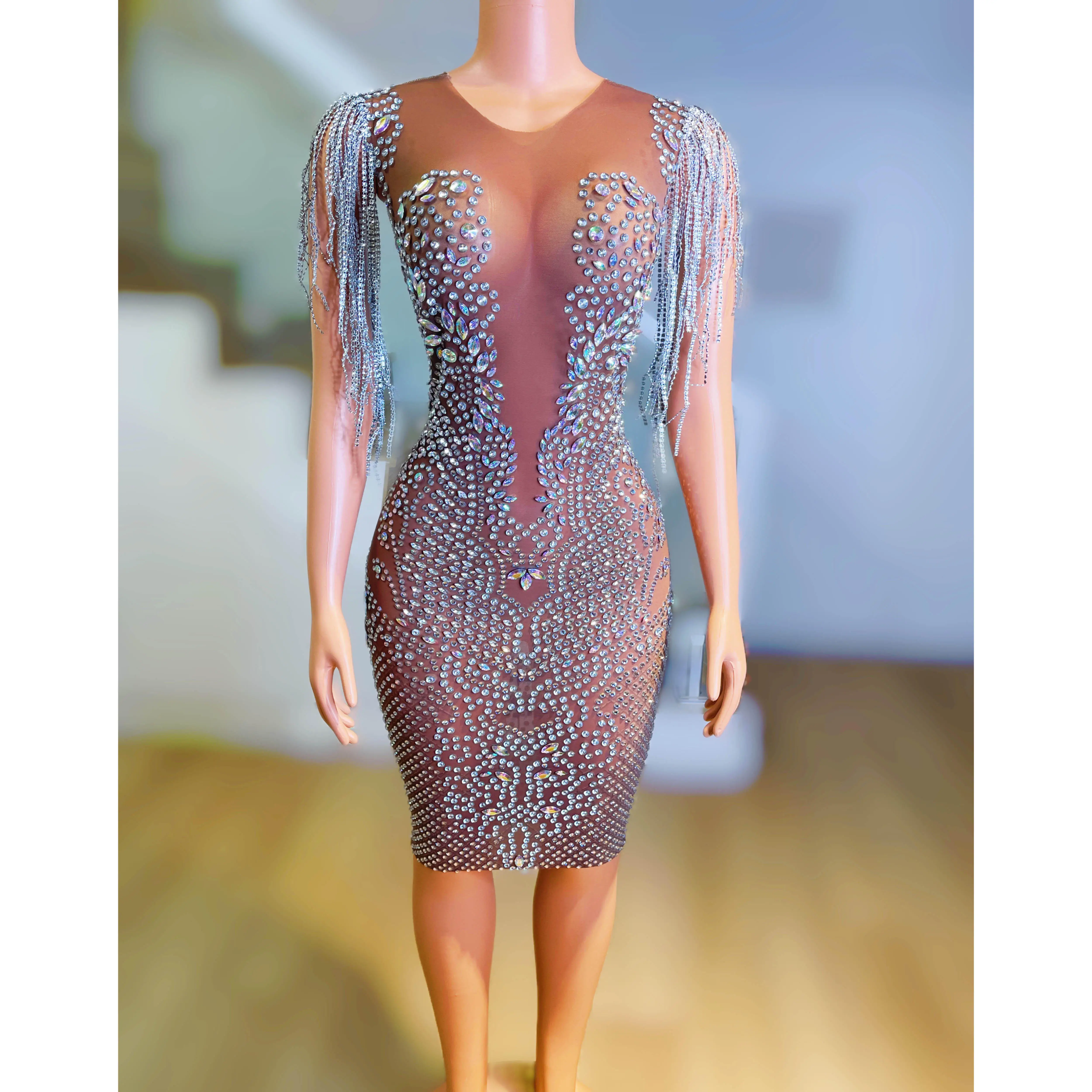 Women Sexy Sparkly RhinestonesHigh Stretch Dress Elegant Evening Party Dresses Prom Gowns Singer Stage Perform Costume
Women Sexy Sparkly RhinestonesHigh Stretch Dress Elegant Evening Party Dresses Prom Gowns Singer Stage Perform Costume