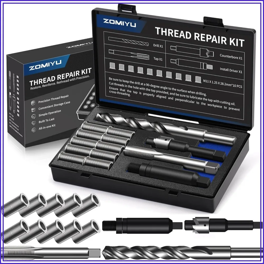 M11x1.25 Metric Thread Repair Kit, 10pcs 304 Stainless Steel Inserts, HSS Drill & Tap, Counterbore, Driver
M11x1.25 Metric Thread Repair Kit, 10pcs 304 Stainless Steel Inserts, HSS Drill & Tap, Counterbore, Driver