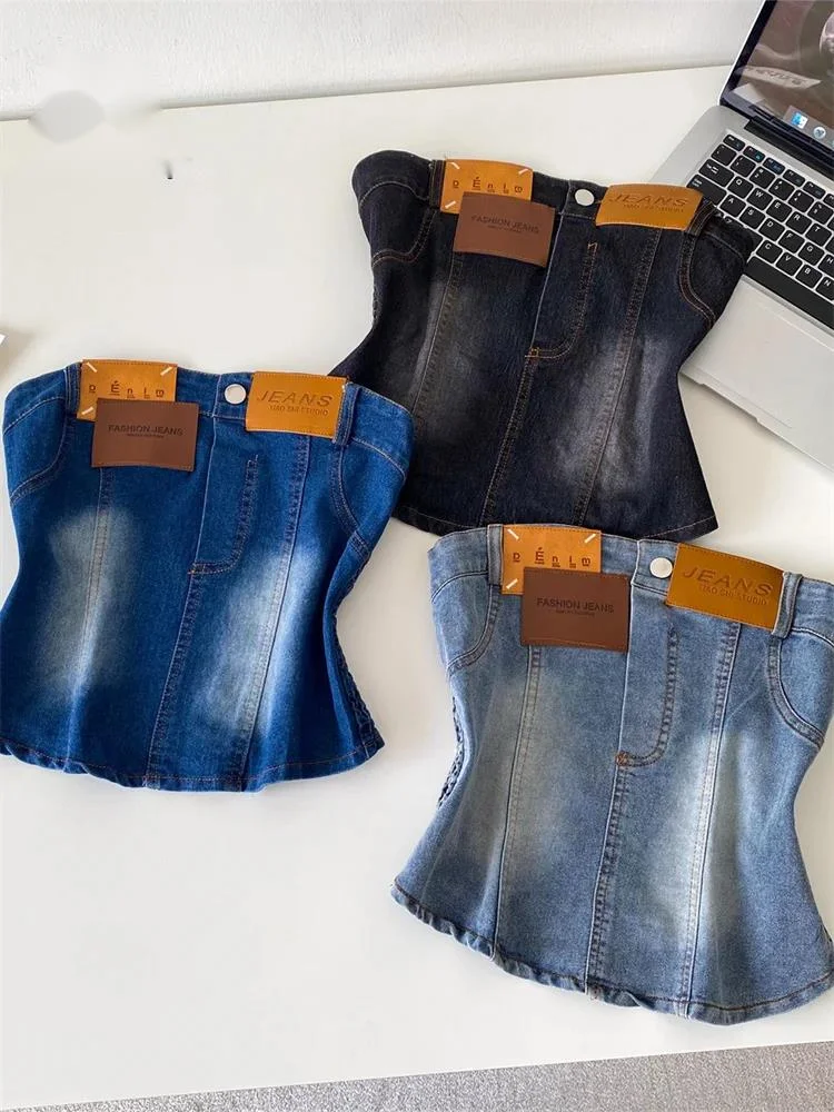 Strapless Denim Streetwear Camisole Distressed Slim Stretchy Shirred Spicy Girl Tank Top Women Y2K Vintage Summer Tops
Strapless Denim Streetwear Camisole Distressed Slim Stretchy Shirred Spicy Girl Tank Top Women Y2K Vintage Summer Tops