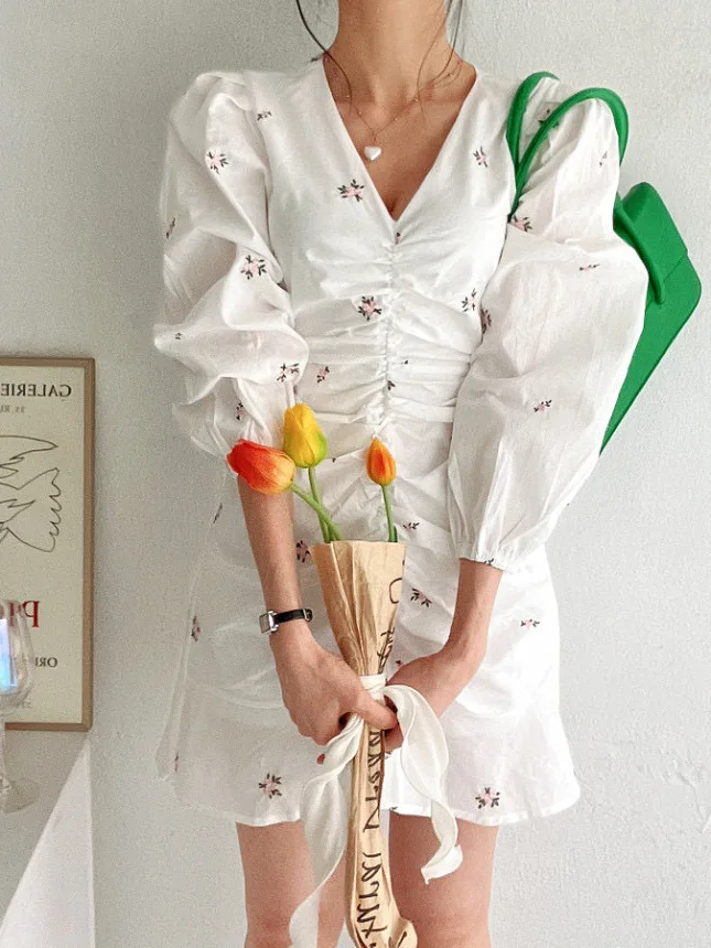 Women's V-Neck Puff Sleeve Short Skirt Dress Korean Style Pleated Slimming Waistline Spring Autumn Season Fashionable Dress
Women's V-Neck Puff Sleeve Short Skirt Dress Korean Style Pleated Slimming Waistline Spring Autumn Season Fashionable Dress