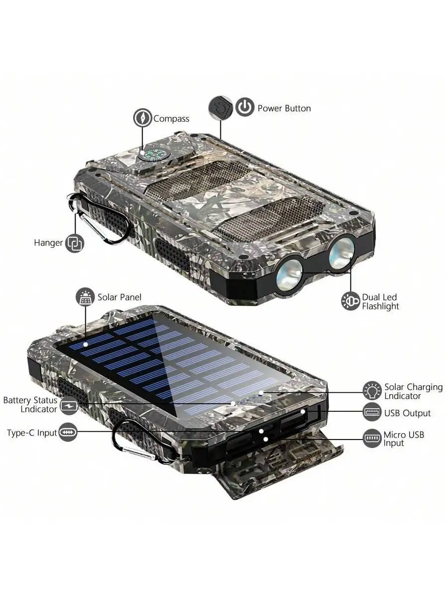 Solar Power Bank 10000mAh Outdoor Portable Charger With Flashlight And Compass For Camping Hiking Travel
Solar Power Bank 10000mAh Outdoor Portable Charger With Flashlight And Compass For Camping Hiking Travel