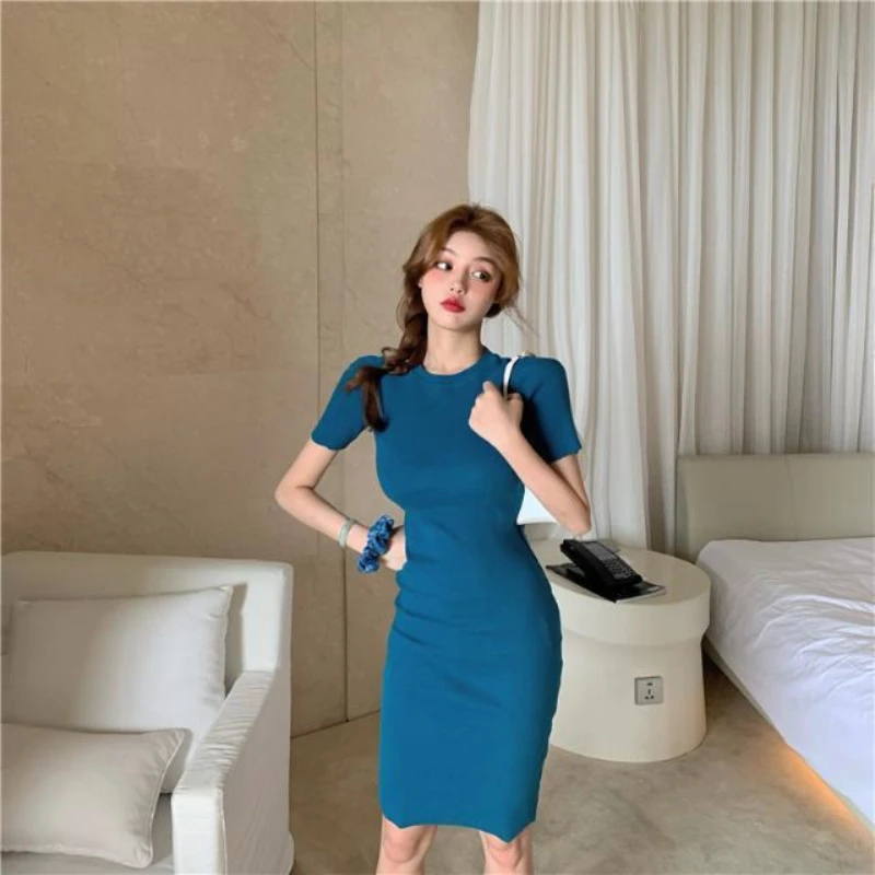 Women's Summer Round Neck Short-Sleeve Dress Mid-Length Slim Dress Woman Vestido Femme Robe Casual Solid Bodycon Dresses Q763
Women's Summer Round Neck Short-Sleeve Dress Mid-Length Slim Dress Woman Vestido Femme Robe Casual Solid Bodycon Dresses Q763