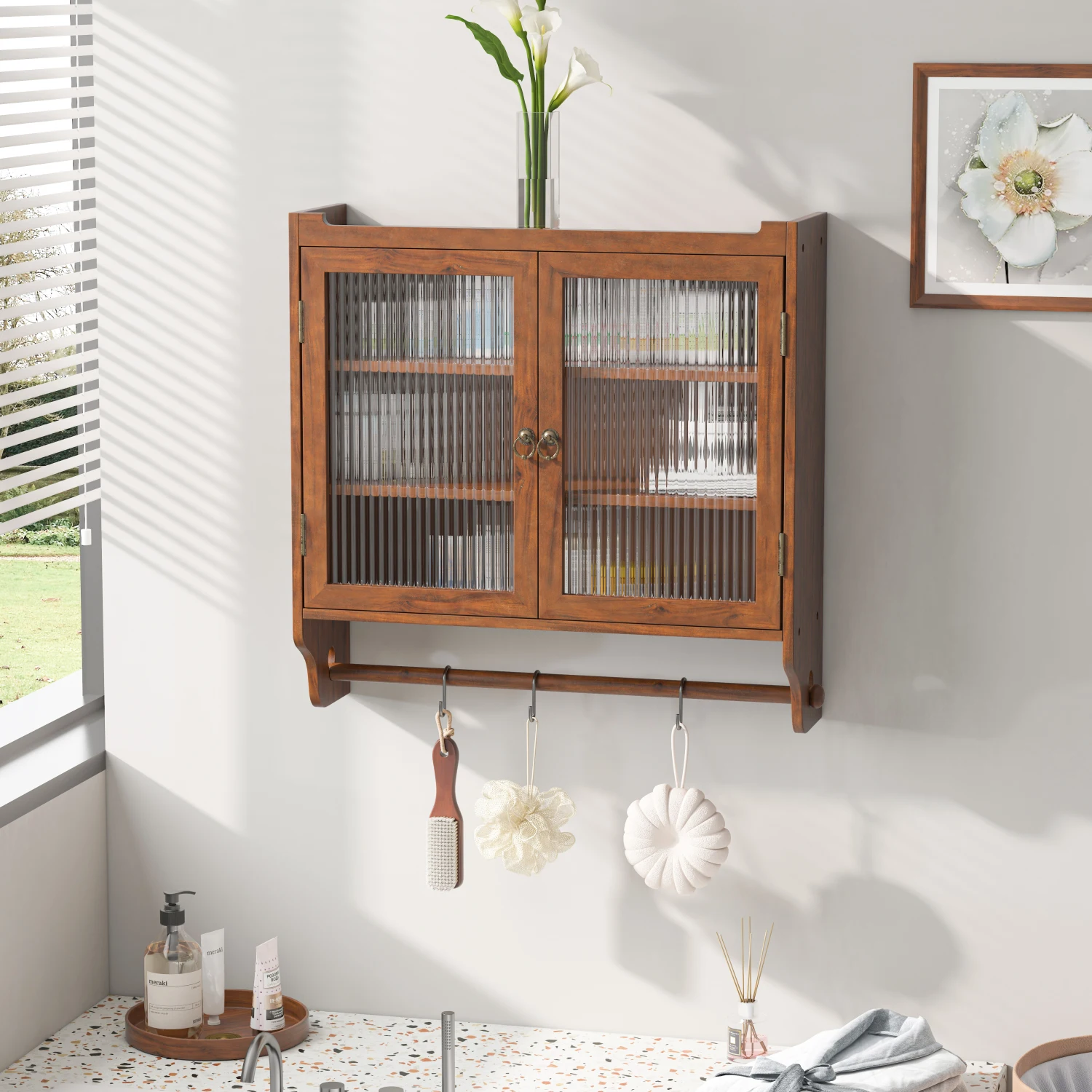24.8"Glass Door Vintage Double Door Wall Cabinet with Three Tiers of Storage with Towel Rack, for Bathroom, Kitchen,Dining Room,
24.8"Glass Door Vintage Double Door Wall Cabinet with Three Tiers of Storage with Towel Rack, for Bathroom, Kitchen,Dining Room,