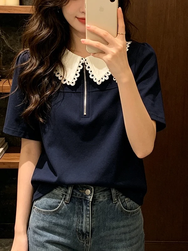 plus Size Summer New Style Color Block Doll Collar Loose Fit Slimming Short Sleeve T-Shirt Women's Korean Style Casual Top
plus Size Summer New Style Color Block Doll Collar Loose Fit Slimming Short Sleeve T-Shirt Women's Korean Style Casual Top